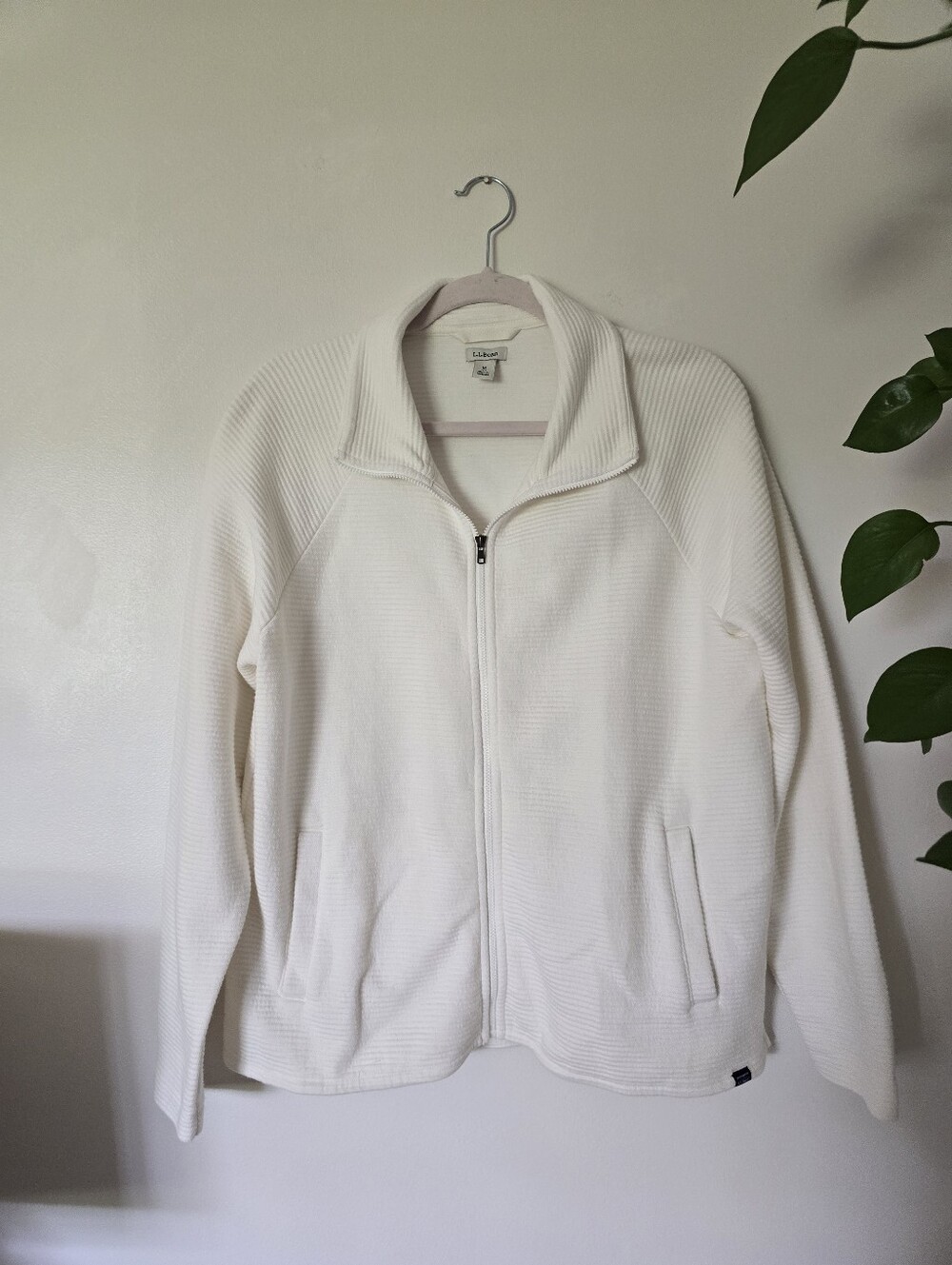 L.L. Bean Size Medium Ivory Ribbed Full Zip Sweatshirt Unlined Jacket